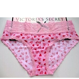 VICTORIA'S SECRET PINK Lace Waist Cotton Hiphugger Panty VS Pink Red Hearts S